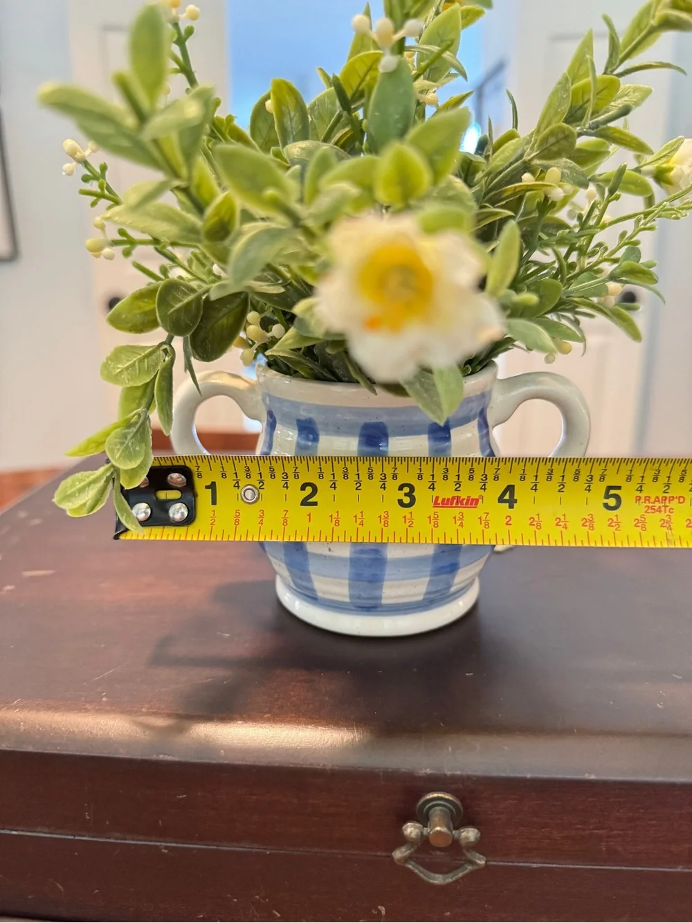 Classic Blue & White Striped Ceramic Handles Planter/Vase With Flowers